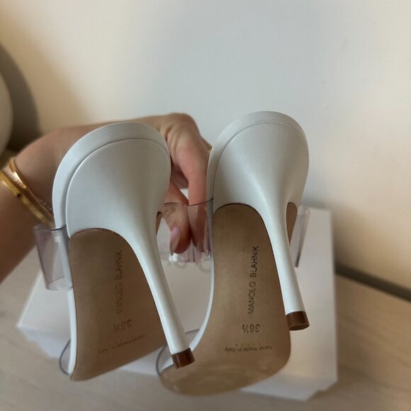 NWT Manolo Blahnik Scolto 90 Sandals White Leather Sz 36.5 Clear PVC Strap - Picture 8 of 10